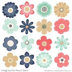 May include: Set of 12 digital illustrations of simple flowers in various colors, including blue, green, pink, and yellow. The flowers have a vintage style and are perfect for crafting projects.