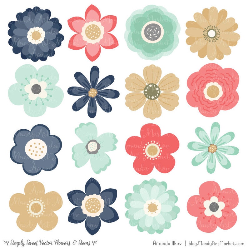 May include: Set of 12 digital illustrations of simple flowers in various colors, including blue, green, pink, and yellow. The flowers have a vintage style and are perfect for crafting projects.