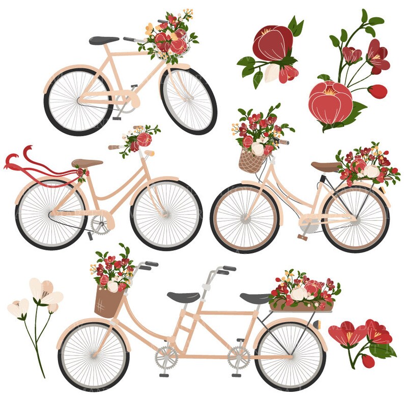 May include: A set of four vintage-style bicycles with baskets filled with red and white flowers. The bicycles are all cream-colored and have brown handlebars and seats. The flowers are in various stages of bloom, and the bicycles are arranged in a row.