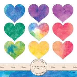 Hand Painted Bright Watercolor Hearts Clipart - Watercolor Heart Clip Art, Hearts Clipart, Rainbow Hearts, Heart Clip Art