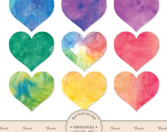 Hand Painted Bright Watercolor Hearts Clipart - Watercolor Heart Clip Art, Hearts Clipart, Rainbow Hearts, Heart Clip Art