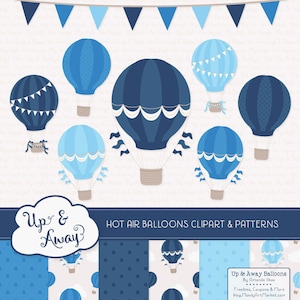 Shades of Blue Hot Air Balloons Clipart with Digital Papers - blue hot air balloons clipart, hot air balloons vectors