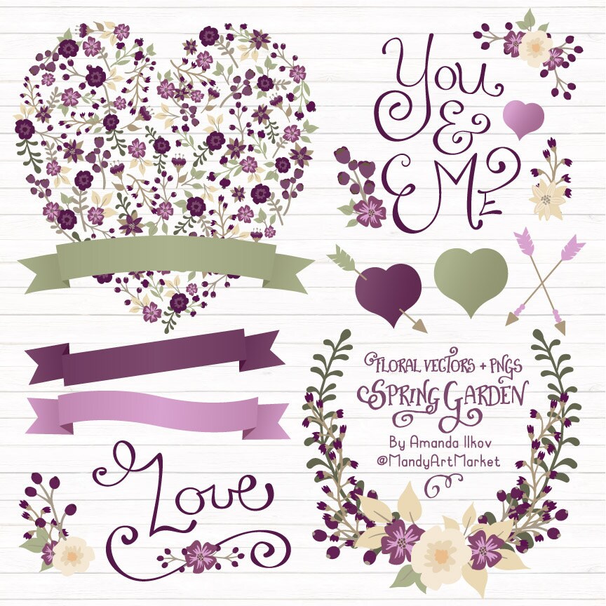 Professional Floral Heart Clipart & Vectors - Floral Heart Clip Art, Purple Floral Clipart, Wedding Clip Art, Wedding Vectors, L