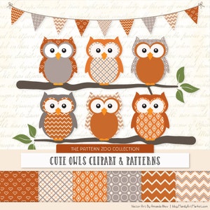 Patterned Pumpkin Owls Clipart and Digital Papers - Pumpkin Owl Clipart, Owl Vectors, Baby Owls, Cute Owls, Orange Owls