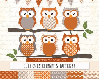 Patterned Pumpkin Owls Clipart and Digital Papers - Pumpkin Owl Clipart, Owl Vectors, Baby Owls, Cute Owls, Orange Owls