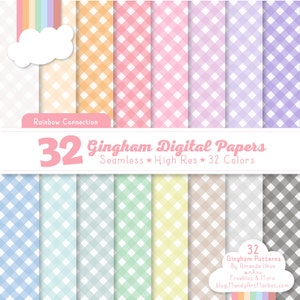 May include: A set of 32 digital gingham patterns in various colours. The patterns are seamless and high resolution. The text "32 Gingham Digital Papers Seamless High Res 32 Colors" is at the top of the image.