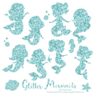 Cute Glitter Mermaids Clipart - Aqua Mermaid Glitter Clipart, Aqua Glitter Mermaid Silhouettes, Mermaid Clipart, Mermaid Vectors