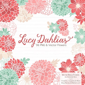 May include: A digital illustration of 96 pink, red, and green dahlia flowers. The flowers are arranged in a circle around the text "Lucy Dahlias 96 PNG & Vector Flowers".