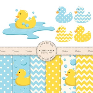 May include: A set of six digital paper patterns featuring yellow rubber duckies, blue and yellow polka dots, blue and white chevron patterns, and blue bubbles on a white background. The text "Little Duckies * Original * Digital Art - By Amanda Ilkov" is included in the image.