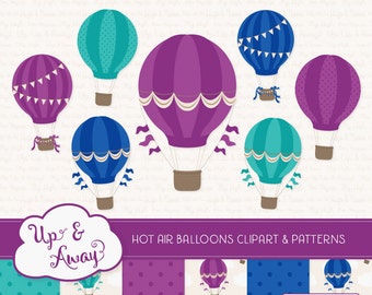 Peacock Hot Air Balloons Clipart with Digital Papers - purple and teal hot air balloons clipart, hot air balloons vectors