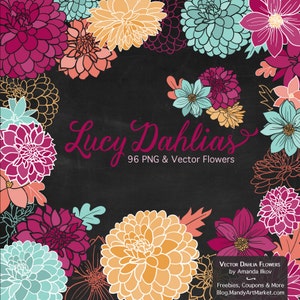 May include: A digital illustration of a collection of colorful dahlias in pink, orange, and blue. The flowers are arranged in a circle around the text "Lucy Dahlias 96 PNG & Vector Flowers".