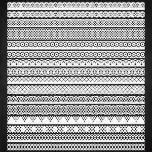 K&ouml;nnte beinhalten: Ein Satz von 16 wei&szlig;en Spitzenbord&uuml;ren, jede mit einem anderen Design. Die Bord&uuml;ren befinden sich auf einem schwarzen Hintergrund.