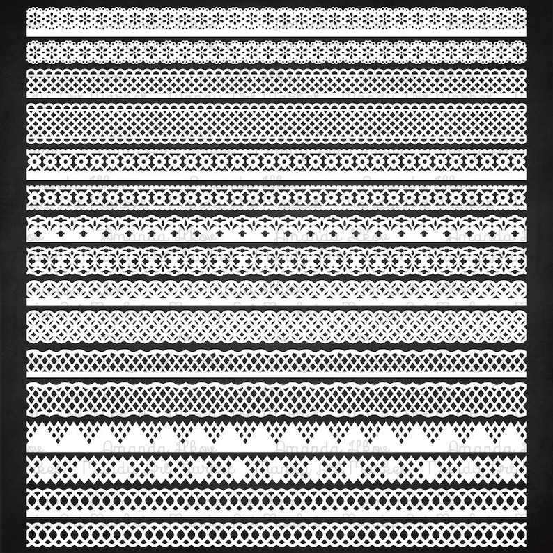 K&ouml;nnte beinhalten: Ein Satz von 16 wei&szlig;en Spitzenbord&uuml;ren, jede mit einem anderen Design. Die Bord&uuml;ren befinden sich auf einem schwarzen Hintergrund.