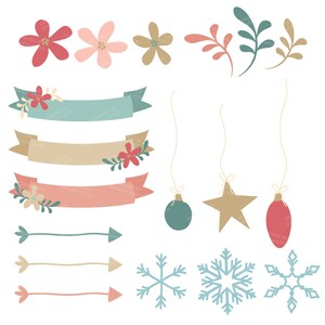 May include: A set of digital clipart featuring various festive elements, including flowers, banners, arrows, snowflakes, and ornaments. The colors are a mix of pink, red, blue, green, and brown.