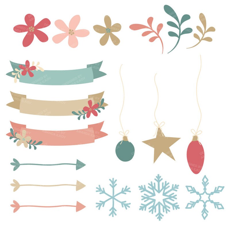 May include: A set of digital clipart featuring various festive elements, including flowers, banners, arrows, snowflakes, and ornaments. The colors are a mix of pink, red, blue, green, and brown.