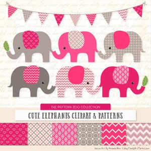 Patterned Hot Pink Elephants Clipart and Digital Papers - Pink Elephant Clipart, Elephant Vectors, Baby Elephants, Cute Elephants