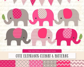 Patterned Hot Pink Elephants Clipart and Digital Papers - Pink Elephant Clipart, Elephant Vectors, Baby Elephants, Cute Elephants