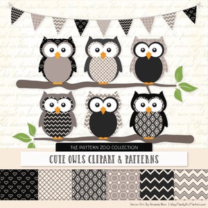 Patterned Black Owls Clipart and Digital Papers - Black Owl Clipart, Owl Vectors, Baby Owls, Cute Owls