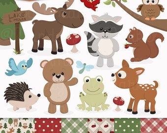 Cute Woodland Animals Clip Art & Papers - Woodland Clipart, Woodland Animal Vectors, Bear Clip Art, Owl Clip Art