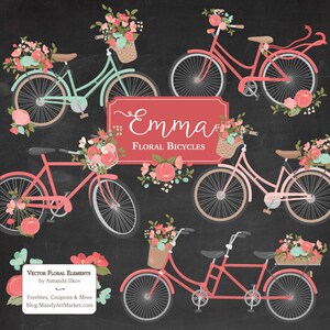 May include: A set of four floral bicycle illustrations in pink, red, and green. The bicycles have baskets filled with flowers and are decorated with floral accents. The text "Emma Floral Bicycles" is displayed on a red banner.