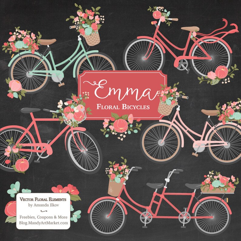 May include: A set of four floral bicycle illustrations in pink, red, and green. The bicycles have baskets filled with flowers and are decorated with floral accents. The text "Emma Floral Bicycles" is displayed on a red banner.