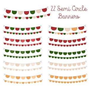 K&ouml;nnte beinhalten: Ein Set mit 22 druckbaren Halbkreis-Bannern in Rot, Gr&uuml;n, Beige und Orange. Die Banner sind mit einer wei&szlig;en Schnur aneinandergereiht und haben ein schlichtes, minimalistisches Design.