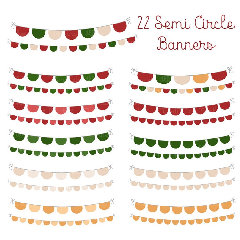 K&ouml;nnte beinhalten: Ein Set mit 22 druckbaren Halbkreis-Bannern in Rot, Gr&uuml;n, Beige und Orange. Die Banner sind mit einer wei&szlig;en Schnur aneinandergereiht und haben ein schlichtes, minimalistisches Design.