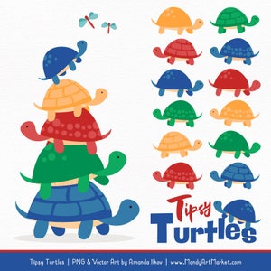 May include: A set of ten colorful turtle illustrations. The turtles are in various poses, some are stacked on top of each other, and some are walking. The text "Tipsy Turtles" is written in blue and red letters.