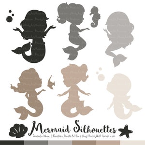 Professional Mermaid Silhouettes Clipart in Shades of Neutral - neutral Mermaids, Mermaid Clipart, Mermaid Vectors