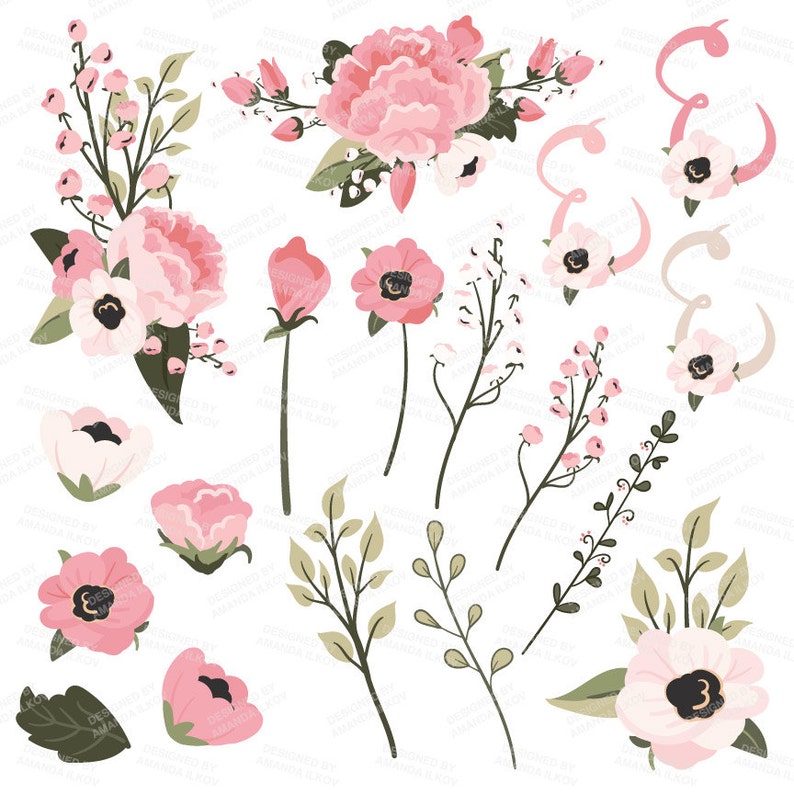 Peut inclure: Un ensemble d'illustrations florales roses et blanches, comprenant des fleurs simples, des bouquets et des brins de feuilles. Ces illustrations sont parfaites pour ajouter une touche de printemps &agrave; vos cr&eacute;ations.