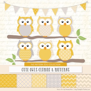 Patterned Sunshine Owls Clipart and Digital Papers - Yellow Owl Clipart, Owl Vectors, Baby Owls, Cute Owls