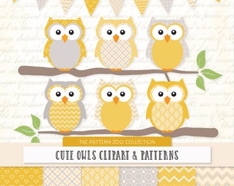 Patterned Sunshine Owls Clipart and Digital Papers - Yellow Owl Clipart, Owl Vectors, Baby Owls, Cute Owls