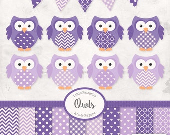 Premium Owl Clipart, Vectors & Digital Papers in Purple - Purple Owl Clip Art, Owl Vectors, Pattered Owls, Baby Owls