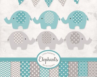 Premium Olifant Clipart, Vectoren & Digitale Papieren in Vintage Blauw - Vintage Jongens Olifant Clip Art, Olifant Vectoren, Baby Olifanten