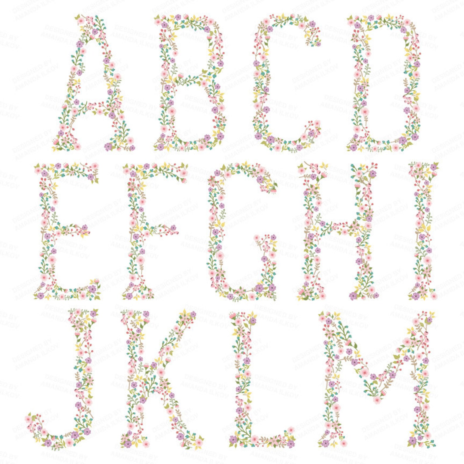 Professional Floral Alphabet Clipart & Vectors - Floral Monogram Clip ...