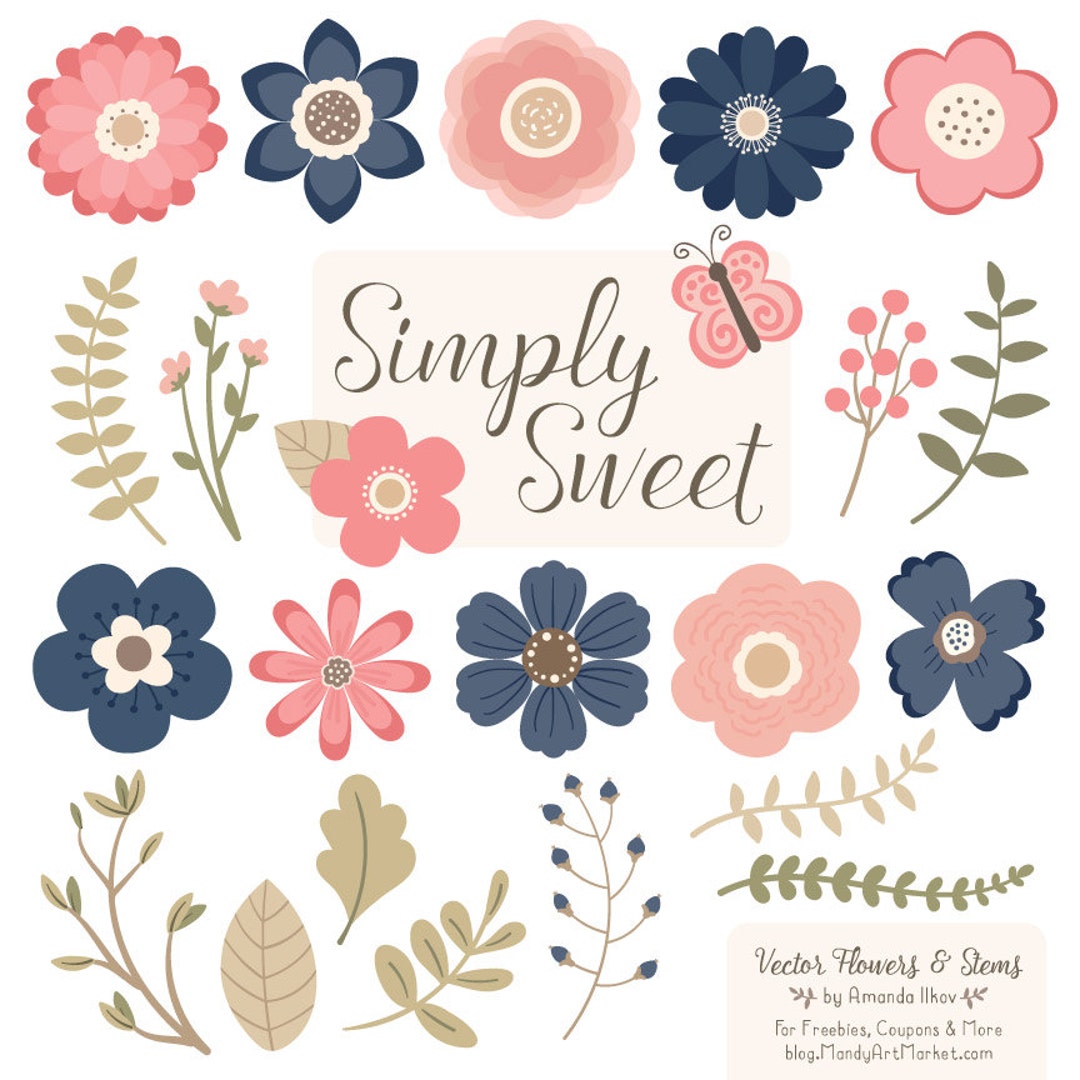 Cute Flowers Clipart in Navy & Blush Navy and Blush Vector Flowers ...