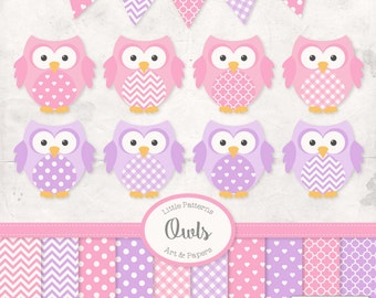 Premium Owl Clipart, Vectors & Digital Papers in Fresh Pink and Purple - Spring Owl Clip Art, Owl Vectors, Pattered Owls, Baby Owls