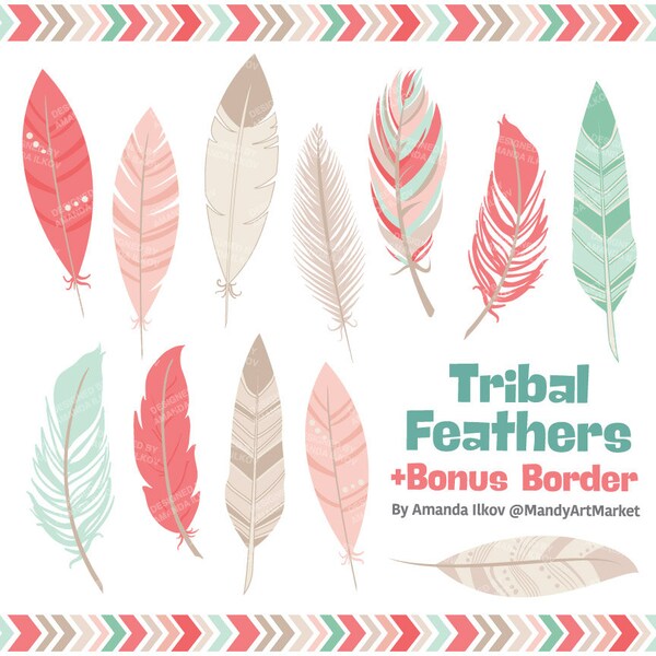 Professional Tribal Feathers Clipart & Vectors in Mint Coral - Feathers Clip Art, Feather Clipart, Feather Vectors, Feather Graphics