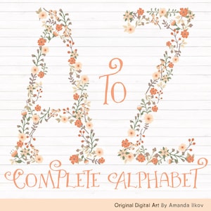 Professional Floral Alphabet Clipart & Vectors - Peach Floral Monogram Clip Art, Floral Alphabet Clip Art, Floral Letters, Wedding Clipart