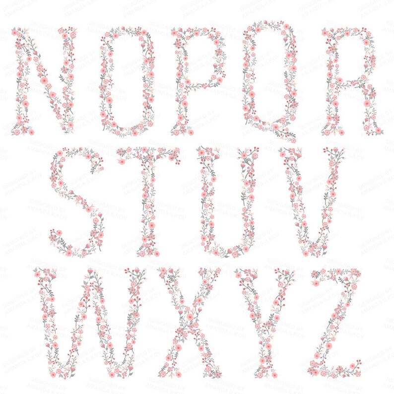 Professional Floral Alphabet Clipart & Vectors Pink And Grey Floral Monogram, Floral Alphabet Clip Art, Floral Wedding Clipart immagine 5