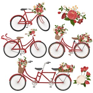 May include: Four red bicycles with floral accents. Two are single-person bicycles with baskets, one is a tandem bicycle, and one has a ribbon tied to the handlebars. All bicycles have baskets filled with red and white flowers.