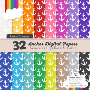 32 Professional Bright Anchor Digital Papers In Crayon Box - Anchor Patterns, Seamless Anchor Patterns, Vector Anchor Patterns