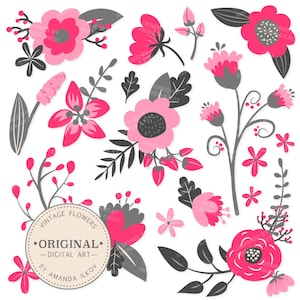 Premium Hot Pink Floral Clipart & Flower Vectors - Pink Flowers, Vintage Flowers, Flower Clip Art, Vector Flowers