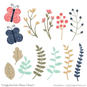 May include: A set of digital illustrations featuring simple, sweet vector flowers and stems in various colors, including pink, blue, green, and yellow. The illustrations are perfect for adding a touch of whimsy to any design project.