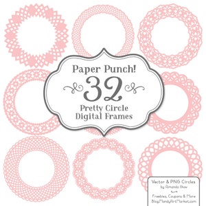 32 Premium Paper Punch Soft Pink Lace Frames Clipart & Vectors - Pink Lace Circle Frames, Scrapbook Frames, Digital Frames, Vector Frames