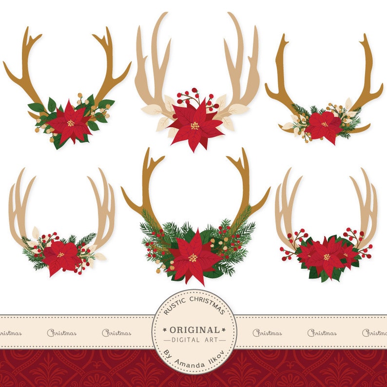 K&ouml;nnte beinhalten: Sechs digitale Illustrationen von rustikalen Weihnachtskr&auml;nzen mit Geweih. Jeder Kranz ist mit einer roten Weihnachtsstern-Blume, gr&uuml;nen Kiefern&auml;sten und goldenen Beeren verziert. Das Geweih ist beige und hat eine nat&uuml;rliche Holzmaserung.