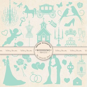 Premium Vintage Wedding Clipart for Scrapbooks, Crafting, Invitations, Web - Wedding Silhouettes, Aqua Wedding Clip Art, Love Clipart