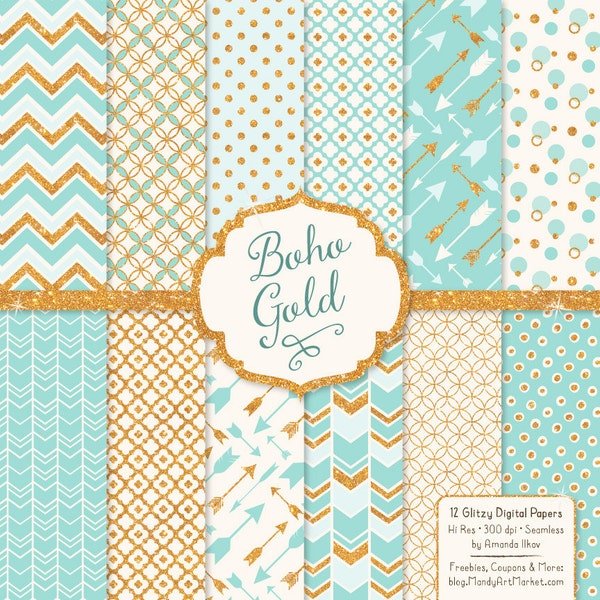 Premium Boho Gold Glitter Digital Paper in Aqua - Gold Digital Paper, Glitter Patterns, Bohemian Digital Paper, Chevrons, Arrows