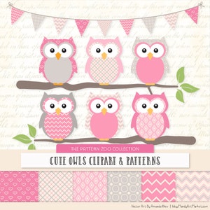Patterned Pink Owls Clipart and Digital Papers - Pink Owl Clipart, Owl Vectors, Baby Owls, Cute Owls