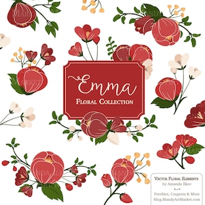 May include: A set of red floral illustrations with green leaves and white flowers. The illustrations are arranged in a circular pattern around a red rectangle with the text "Emma Floral Collection".